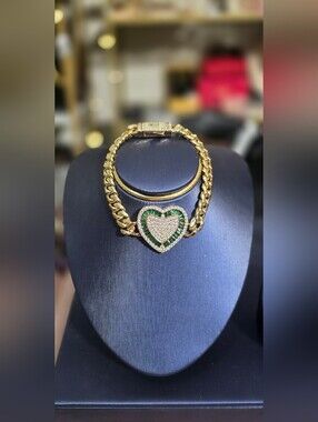 8" Gold Plated Bracelet with Green and White Pave Heart Earrings Set.